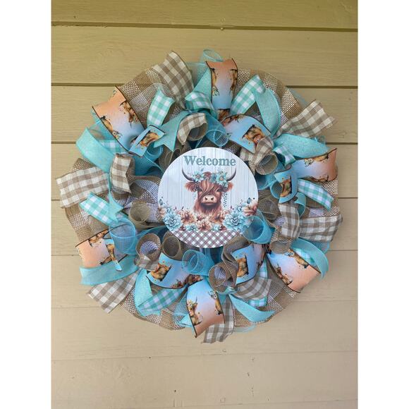 Highland Cow Welcome Wreath – Rustic Farmhouse Fall Design Wall or Door Decor - Picture 1 of 7